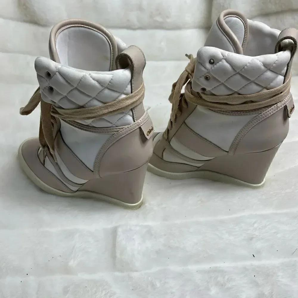 Chloe high top wedge sneakers in white suede and tan leather trim size E…